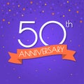 50 years anniversary logo isolated on confetti background. 50th anniversary banner with ribbon. Birthday, celebration, party. Royalty Free Stock Photo